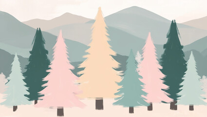 Fototapeta premium Pastel Christmas tree background with medium-sized trees, soft gradient mountains, and a gentle, dreamy aesthetic. The trees are painted in two pastel colors, with a serene, subtle vibe.