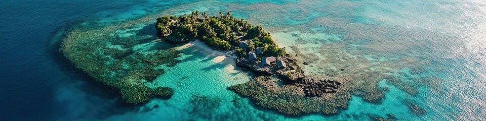 Obraz premium Panoramic aerial view of a tropical island with reefs