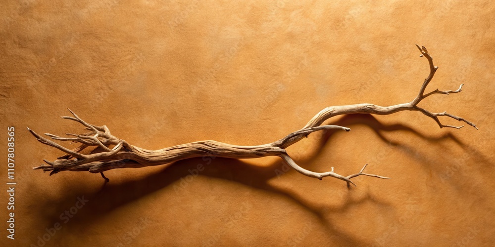 Poster a solitary branch with gnarled wood rests on a textured tan background. the branch's intricate branc