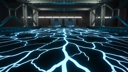 Naklejka premium Futuristic energy floor. Glowing blue cracks illuminate a dark, metallic room floor. Symbolizes power, technology, or hidden energy.