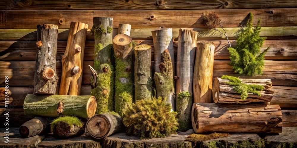 Poster a collection of weathered logs and branches adorned with moss and verdant foliage, arranged against 