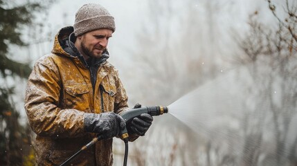 Naklejka premium Man Cleaning in Winter Snow