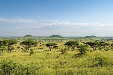 Obraz premium Serengeti landscape with scattered trees and rolling hills
