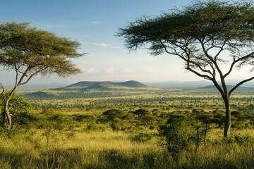 Fototapeta premium Savanna landscape with acacias and distant hills