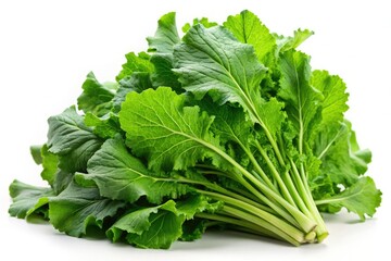 Fresh turnip greens against a white background, ideal for culinary applications, organic produce, healthy eating, and vibrant natural food photography. A nutritious choice for cooking.