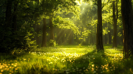 Obraz premium A tranquil forest scene with sunlight filtering through the canopy of trees and casting