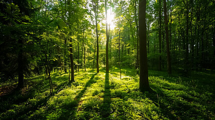 Fototapeta premium A tranquil forest scene with sunlight filtering through the canopy of trees and casting