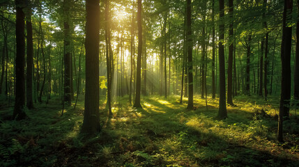 Fototapeta premium A tranquil forest scene with sunlight filtering through the canopy of trees and casting