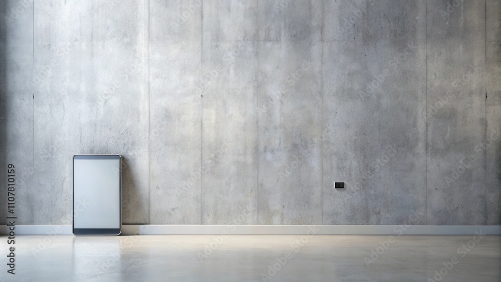 Poster a minimalist gray concrete wall with a blank tablet leaning against it, showcasing the simplicity of