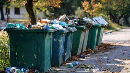 photograph of Garbage containers full of trash. Green plastic rubbish bin.
