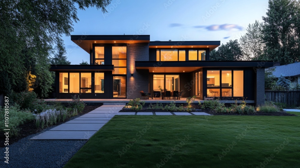 Poster a contemporary home stands out with large windows and a striking design, illuminated as twilight des