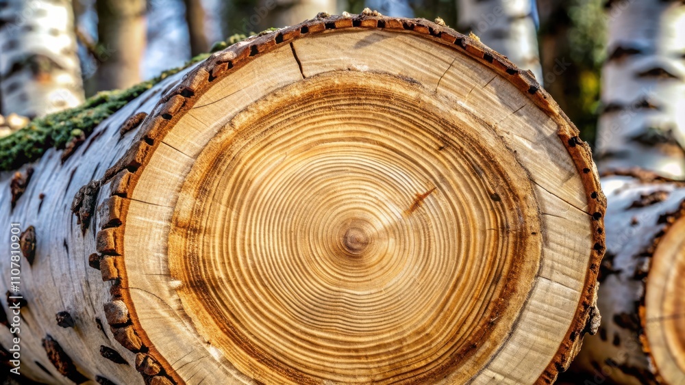 Poster a close-up view of a tree trunk's cross-section revealing concentric growth rings, highlighting the 