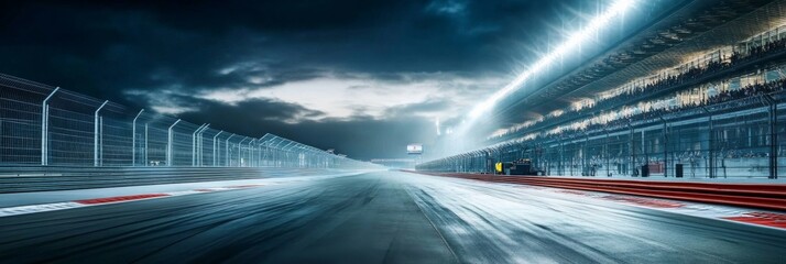 Long empty race track night is surrounded by Panoramic View