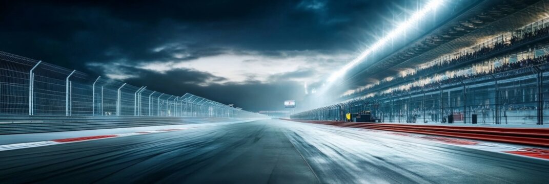 Long empty race track night is surrounded by Panoramic View