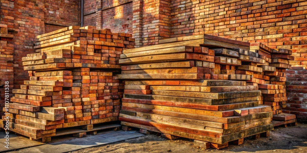 Aufkleber stacks of weathered wooden planks and bricks against a brick wall in the warm glow of the setting su