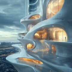 Futuristic skyscraper with organic architecture at dusk, showcasing unique design and city views.