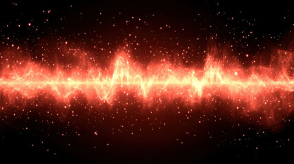 Dynamic sound wave pattern with vibrant red hues and sparkling effects, creating sense of rhythm and energy