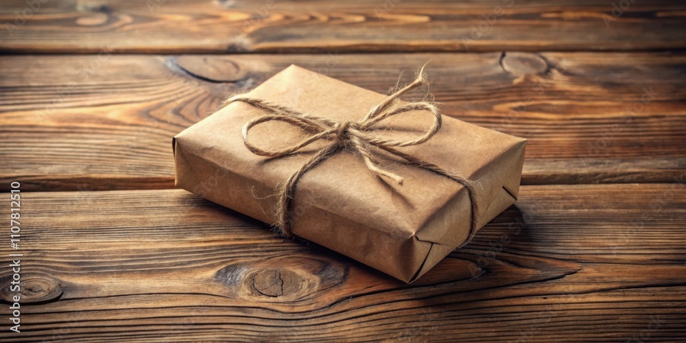 Poster a rustic gift box wrapped in brown paper with twine and a bow on a wooden surface