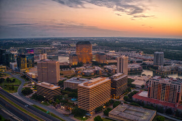Aerial View of the Irving, Texas Skyline at Sunrise during Summer