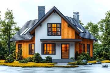 Naklejka premium A modern two-story house with wooden accents and large windows, surrounded by lush greenery, creating a warm and inviting atmosphere during sunset.