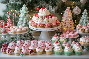 Festive Christmas dessert table with cupcakes, candy, and miniature trees.