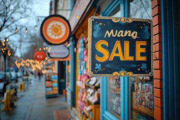 A "Mang Sale" sign hangs in a storefront window on a city street.