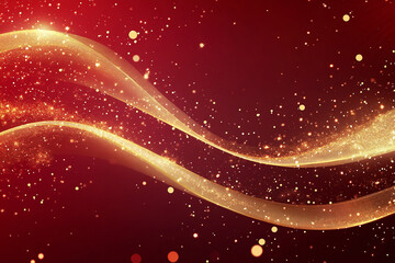Obraz premium Glowing Golden Sparkles on Red Background, Abstract Bokeh and Shimmering Light Trails for Festive Celebration and Holiday Glamour