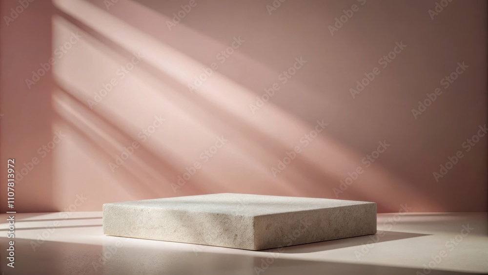 Poster Minimalist product display featuring a textured concrete platform against a soft pink backdrop illuminated by natural sunlight streaming through a window.