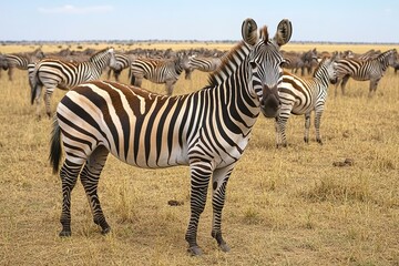 Obraz premium Zebras in savannah, one looking at camera, wildlife scene