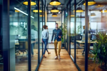 Obraz premium Office scene with casual-dressed people and a blurred bokeh background