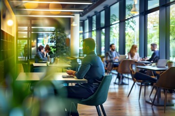 Office scene with casual-dressed people and a blurred bokeh background