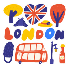 Cute England, english, UK, United Kingdom objects, composition with hand drawn doodle London, tree, bus, street lamp, heart shape flag, hat, cap, transport, ketchup. Tourist, travel, education signs