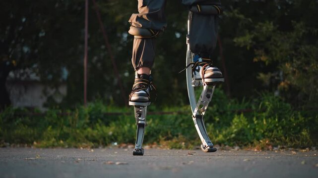 Lower body of person jumping while wearing loose grayish-brown cargo pants tucked into custom-made metallic silver spring stilts. Captured against blurred green park background