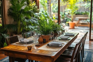 Rustic wooden dining table set for a meal, surrounded by lush greenery and natural light.