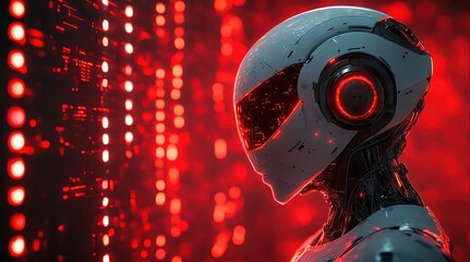 Futuristic humanoid robot head, side profile, glowing red interface background, panoramic shot