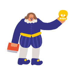 Cute England, english, UK, United Kingdom objects, composition with hand drawn doodle William Shakespeare holding skull, book, famous English writer, literature character. Tourist, travel, education
