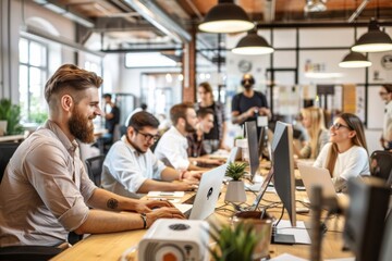 Diverse team working on computers in a modern office, a bearded hipster programmer writes code