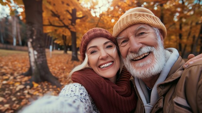 photograph of Happy senior couple smiling and taking selfie at autumn park.