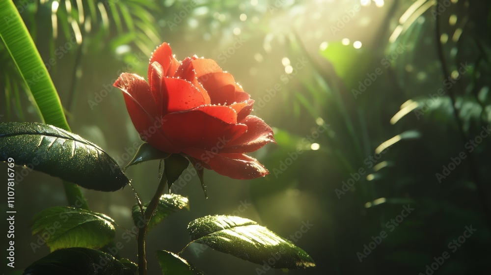 Poster close-up of a dewy red rose in a lush green forest setting