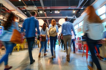 Group of office employees walking through a coworking space, with motion blur in a modern setting