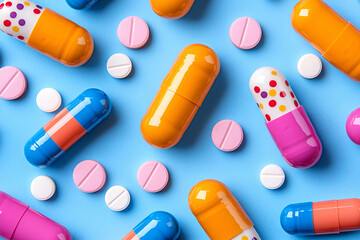 A vibrant assortment of colorful capsules and tablets arranged on a blue background, showcasing various shapes and sizes of medication.