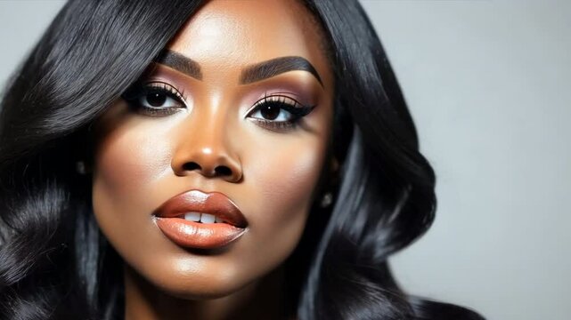 Black woman with bold eyeshadow and a flawless makeup look, posed artistically with her 30" long Brazilian wavy hair styled perfectly