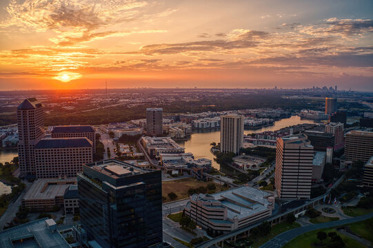 Aerial View of the Irving, Texas Skyline at Sunrise during Summer