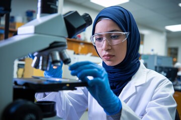 a woman wearing a hijab, safety glasses, and blue gloves carefully handling a microscope slide in a laboratory setting. 