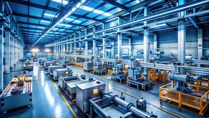 Naklejka premium High-tech industrial manufacturing showcases mechanical parts and quality control through long exposure photography, highlighting innovation and precision in a contemporary factory setting.
