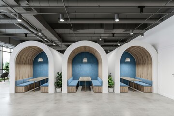 Modern white and blue open-space office with clean, sleek design
