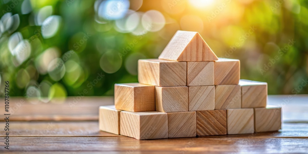 Poster wooden blocks arranged in a house shape on a wooden surface, sunlight shining in the background.