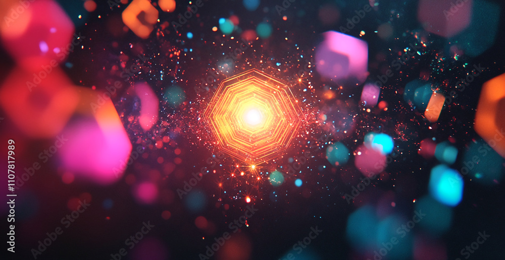 Poster Vibrant abstract design of glowing particles and shapes with a central light source in a dark background