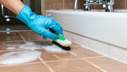 Cleaning tile grout with brush and soap in a bathroom setting on a bright afternoon