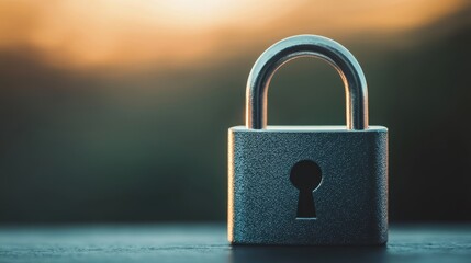Fototapeta premium A close-up of a silver padlock resting on a surface, with a blurred sunset background, symbolizing security and protection.